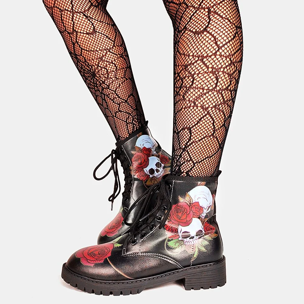 Brand Big Size 43 Cool Skulls Butterfly Rose Flowers Printed Gothic Style Ankle Booties Fashion Boots Street Women Shoes