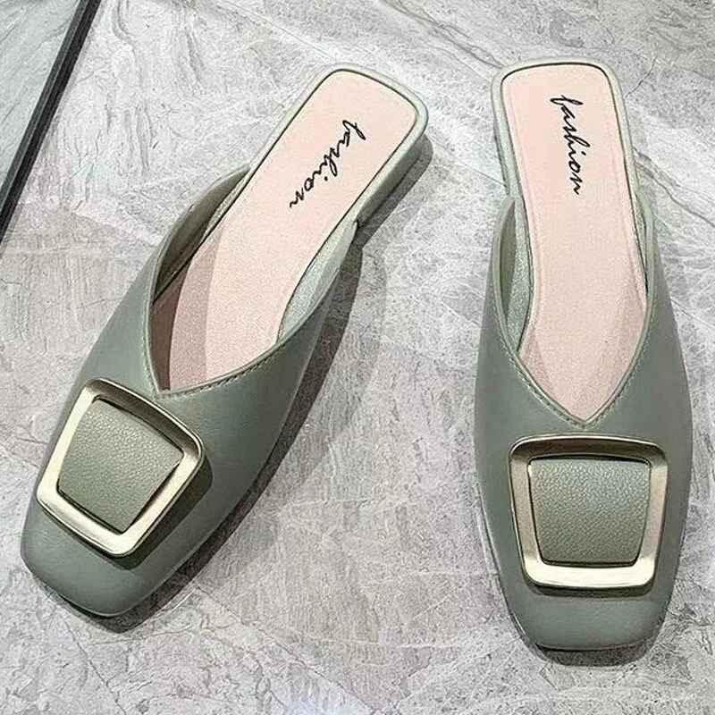 Women's Summer Shoes Slip On Mules Casual Shoes Buckle Square Toe Flats Sandals Brand Designer Sandals Ladies 2021 New Fashion