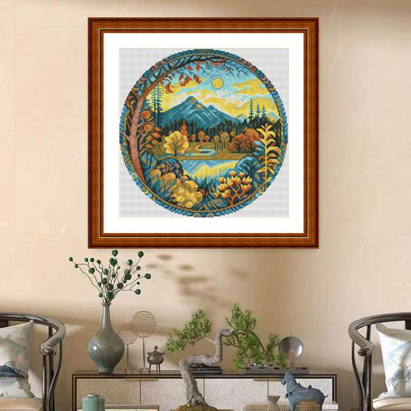1set DIY Printed Cross Stitch Kit 【CC3091- Circular Scenery of Far Mountains】printed (stamped) cross-stitch Painting Fairy Cross Stitch