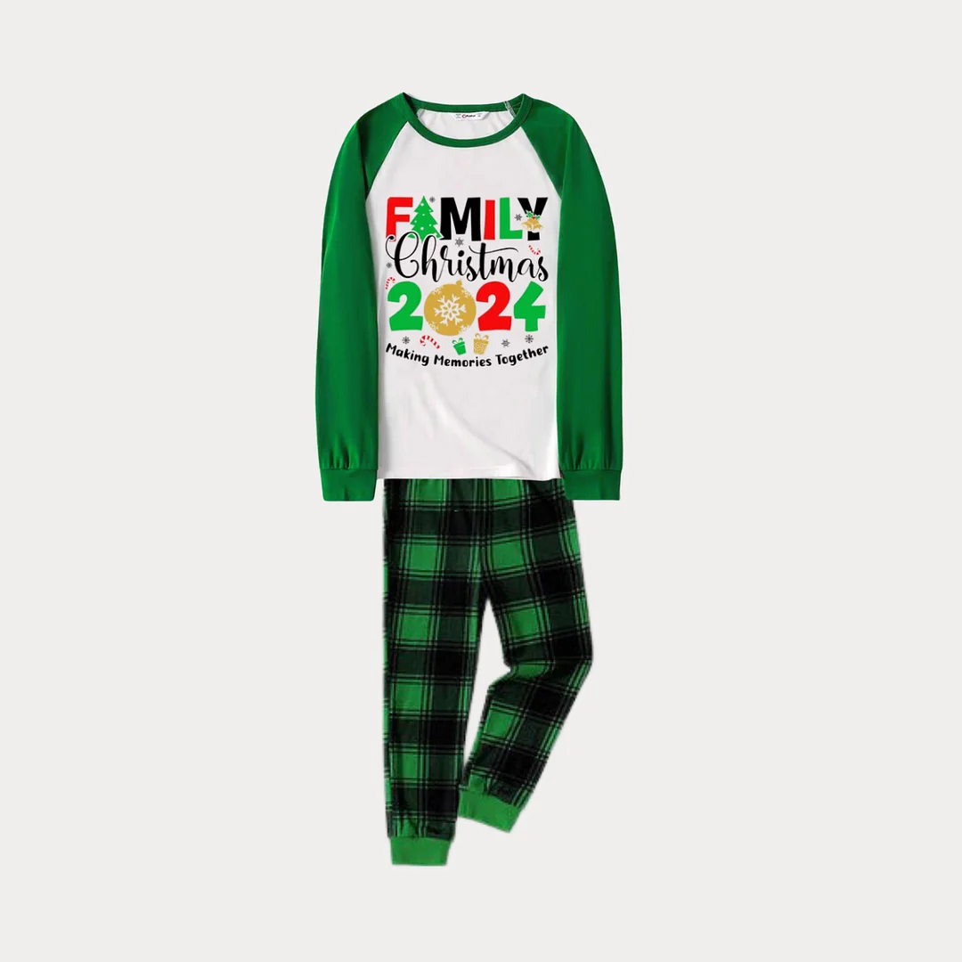 Family Memories Together Christmas 2024 Print Long Sleeve Top With Green & Black Plaid Christmas Family Matching Pajamas