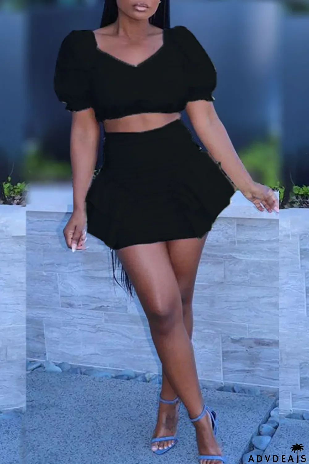 Black Sexy Patchwork Stringy Selvedge Off the Shoulder Short Sleeve Two Pieces