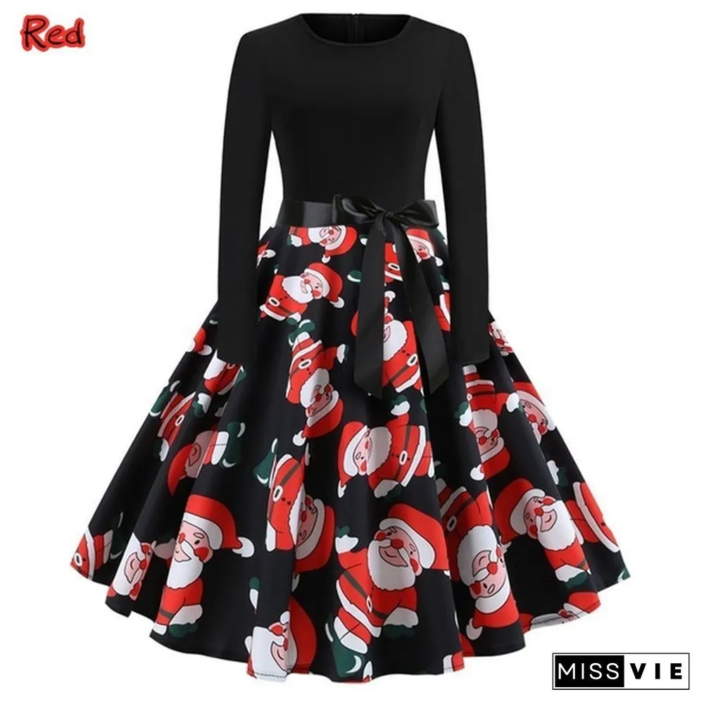 Fashion Women Christmas Swing Party Dress Printing Long sleeve Festival prom belt evening