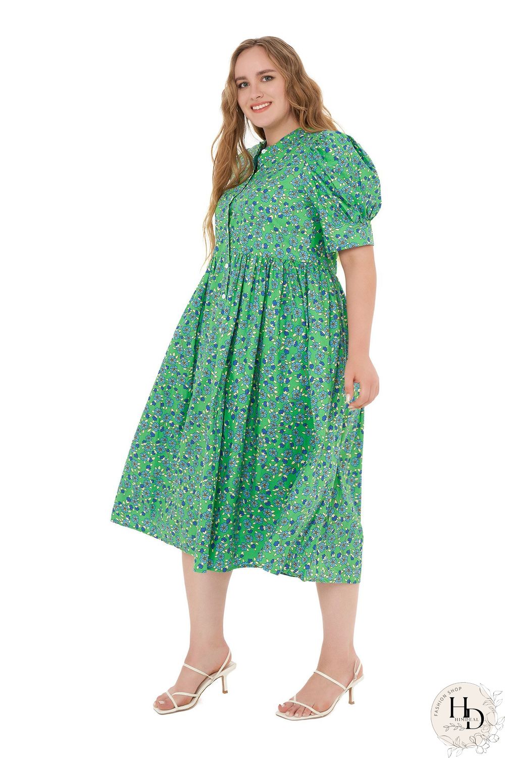 Floral Print Puff-sleeved Button Front Midi Dress P11899