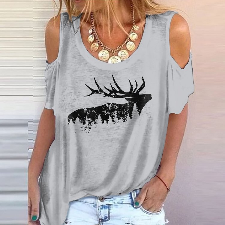 Elk Wald Silhouette Druck Off-Schulter T-Shirt