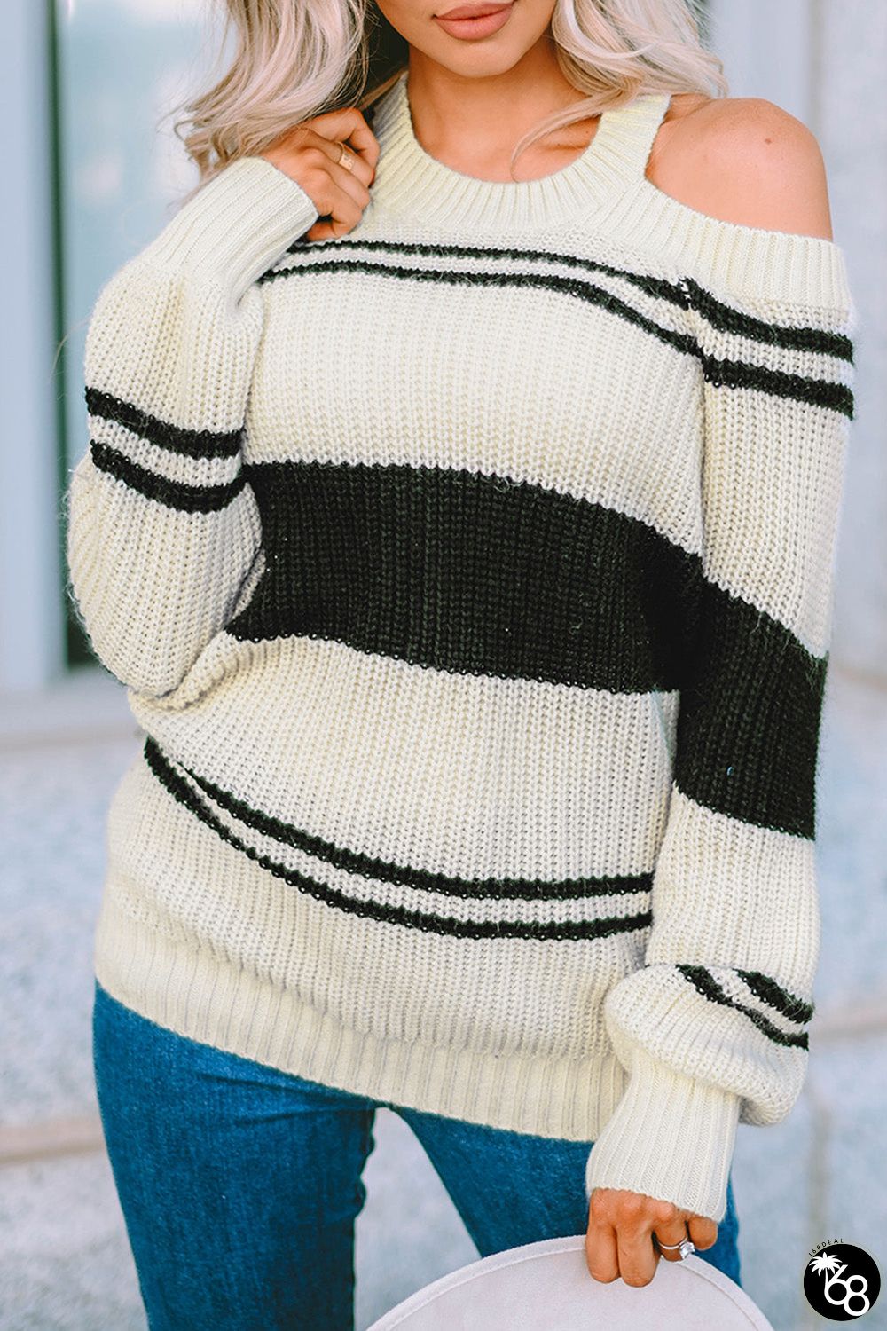 Striped Cold Shoulder Knit Sweater | 168DEAL