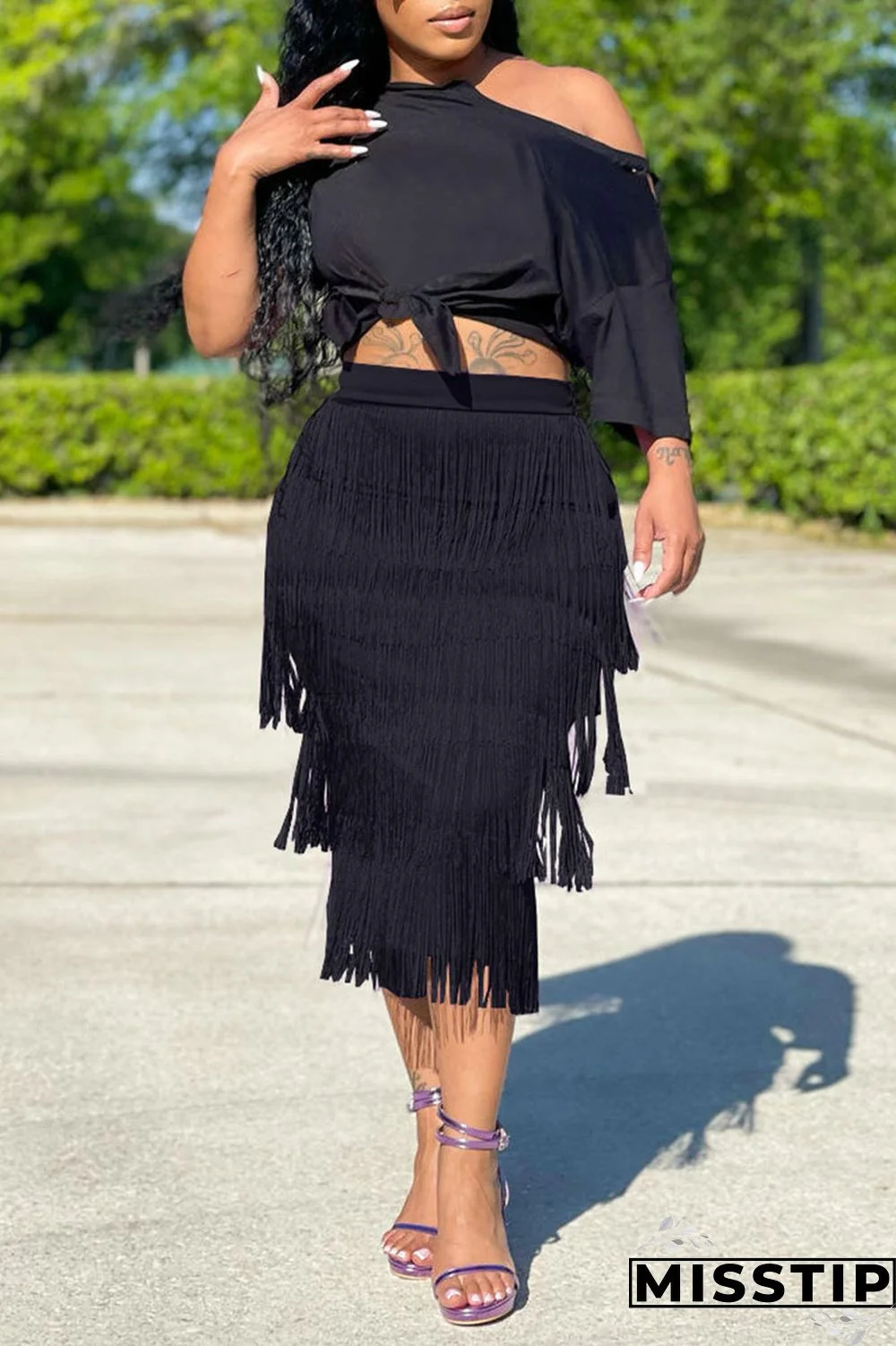 Black Casual Solid Tassel Patchwork Asymmetrical Asymmetrical Collar Short Sleeve Two Pieces