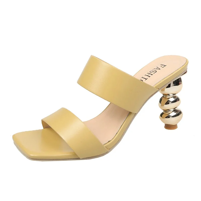 New Design Metal Strange High Heels Summer Women Slipper Elegant Square Toe Slip-On Sliders Shoes Ladies Sandals Size 42