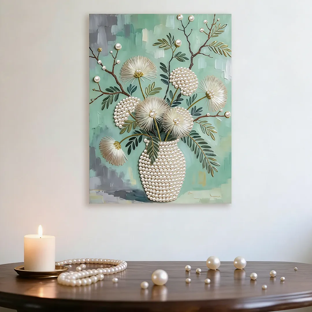 DIY Dandelion Vase Pearl Painting Kit for Adults Beginners Gift Idea Home Wall Decor Pearl Gem Paintings Picture Arts Craft 30x40cm with Frame