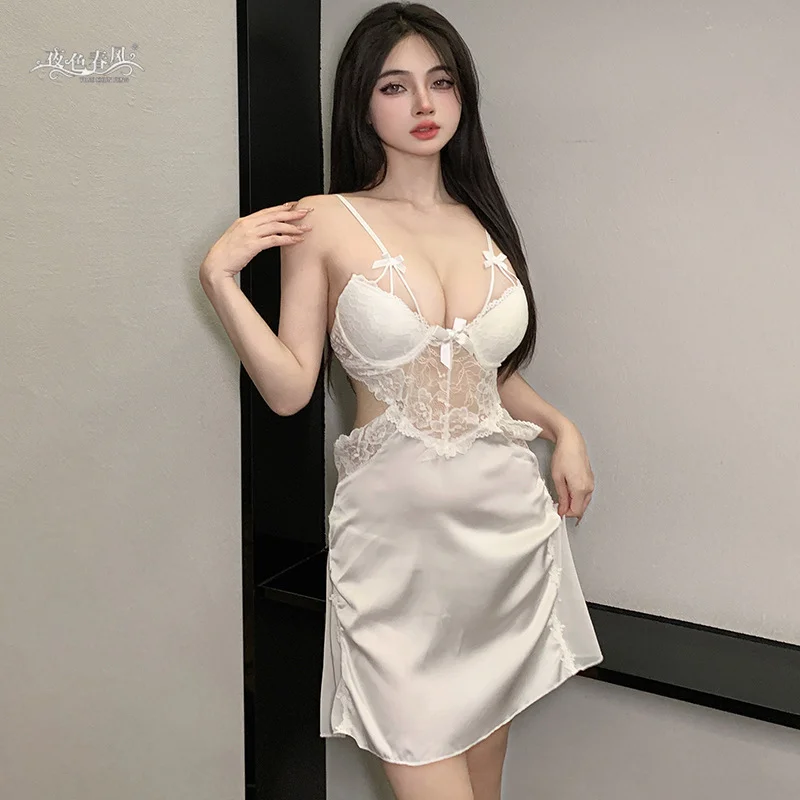 Brownm Night Swearing Suit Deep V Sexy Lace Perspective Sling Pyjamas Open Home Red Pyjamas Tempting Summer