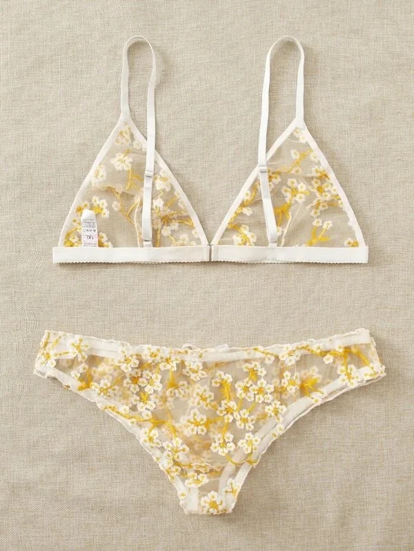 Uveng Sex Lingerie Sexy Girl Yellow Small Broken Flower Bikini Three-Point Set