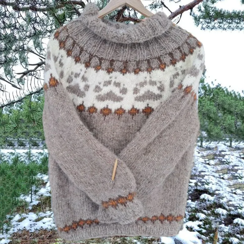 Vintage Icelandic Knit Jacquard Warmth Oatmeal Crew Neck Sweater（Unisex）