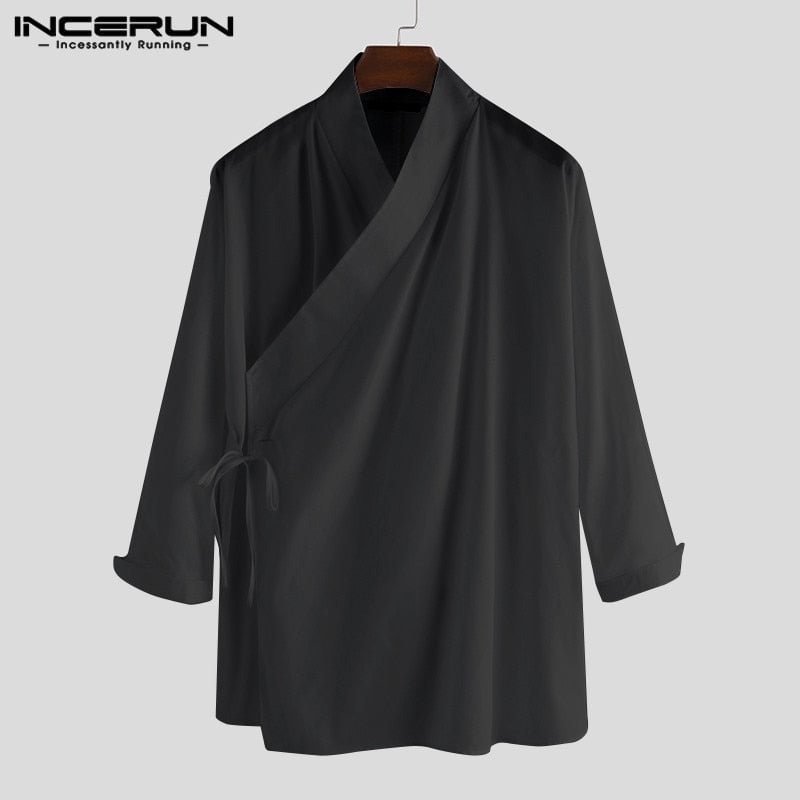 2022 Mens Shirts Chinese Style Solid Color Men Shirt Retro Stand Collar Hanfu Elegant Camisa Vintage Lace Up Long Sleeve S-5XL