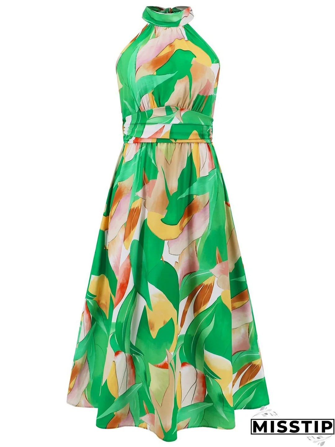 Ruched Printed Halter Neck Sleeveless Dress