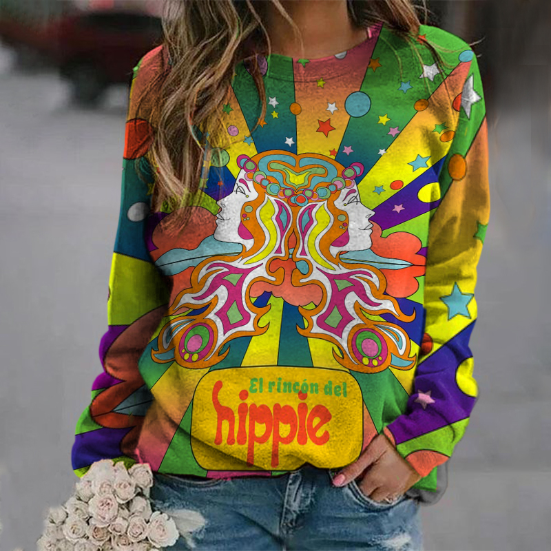Hippy Funny Print Long Sleeve Sweatshirt wearshes