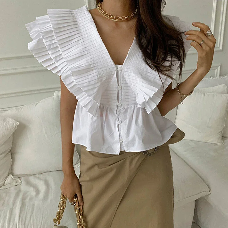 Wongn Korean Fashion Women Tops Summer Ruffles Pleated Shirt Loose Butterfly Sleeve V Neck Blouse Elegant Slim Button Up Shirt 14775
