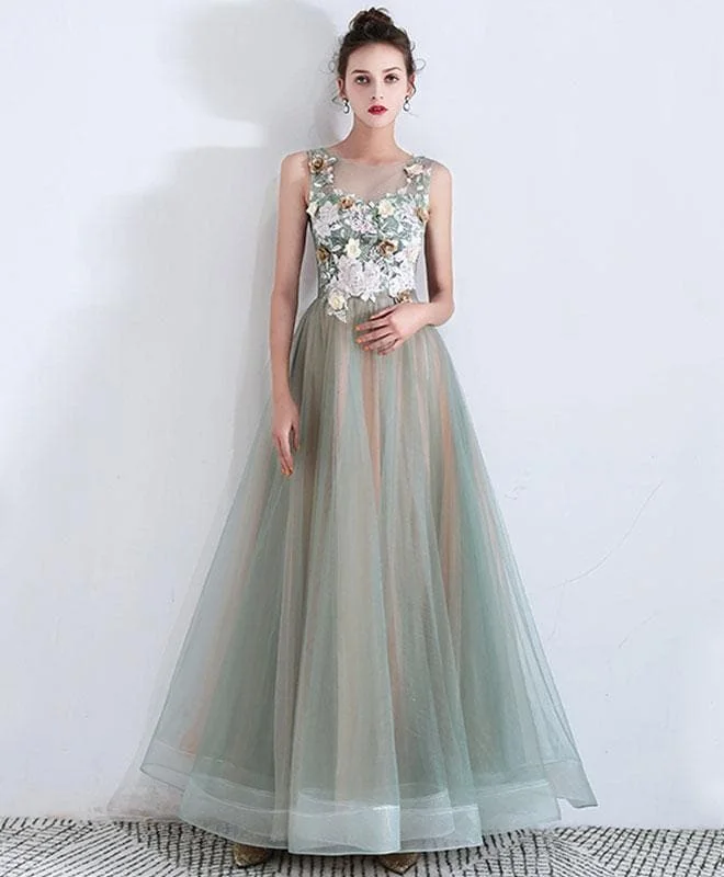Green Tulle Lace Long Prom Dress, Green Tulle Lace Evening Dress