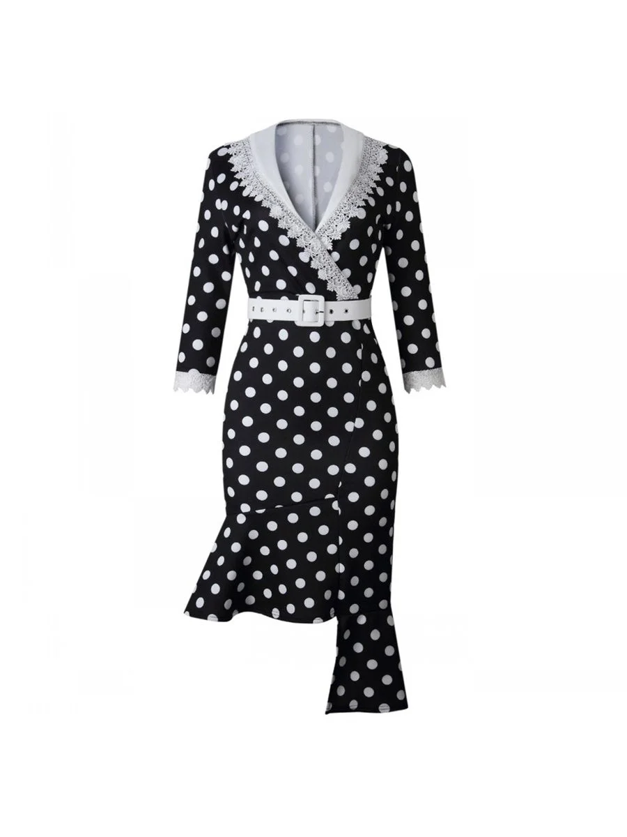 1950s Dress Stylish Solid Dot Print Bodycon Dress With Belt