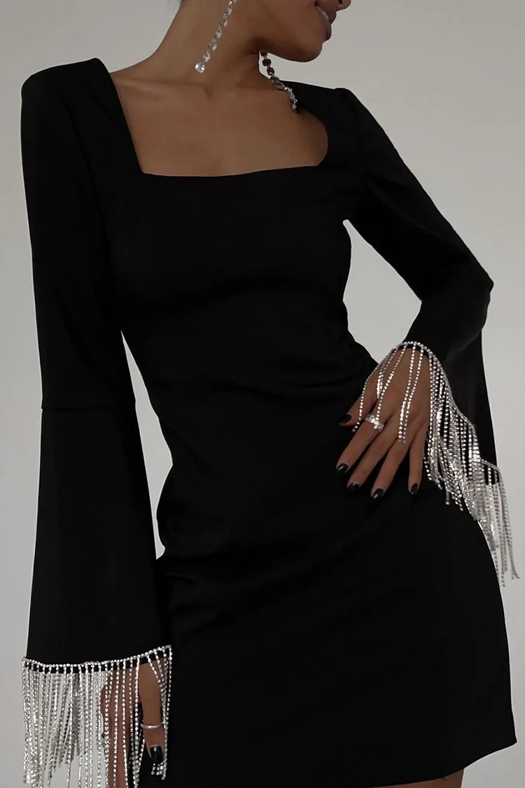 Square Neck Flared Sleeve Rhinestone Fringed Backless Slim Fit Mini Dresses-Black