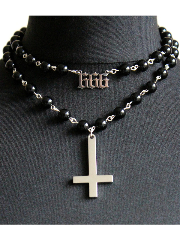 Goth Bead Cross & Letter Pendants Layered Choker