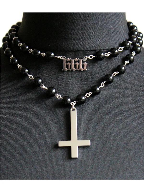 Goth Bead Cross & Letter Pendants Layered Choker