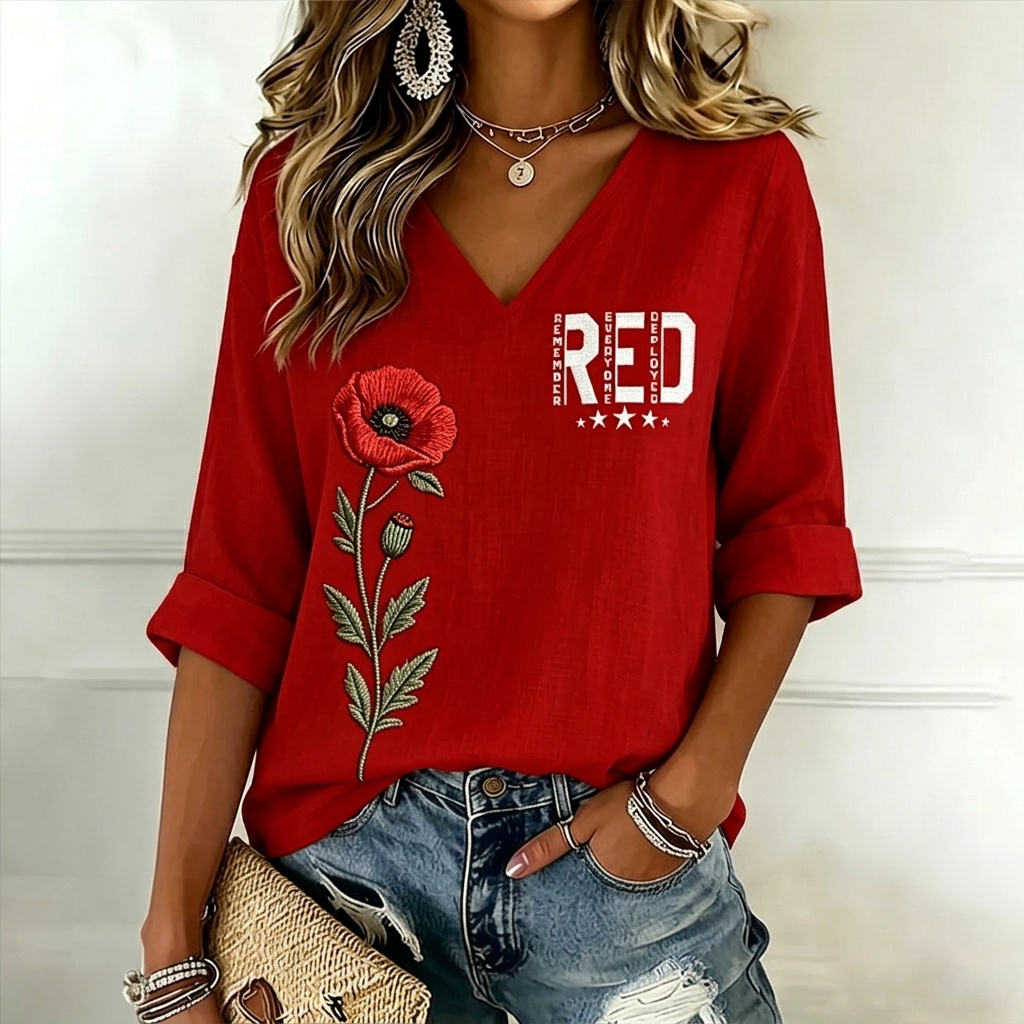  Women's Flag In Patchwork Art Three-quarter Sleeve V Neck Linen Tops Westsshops
