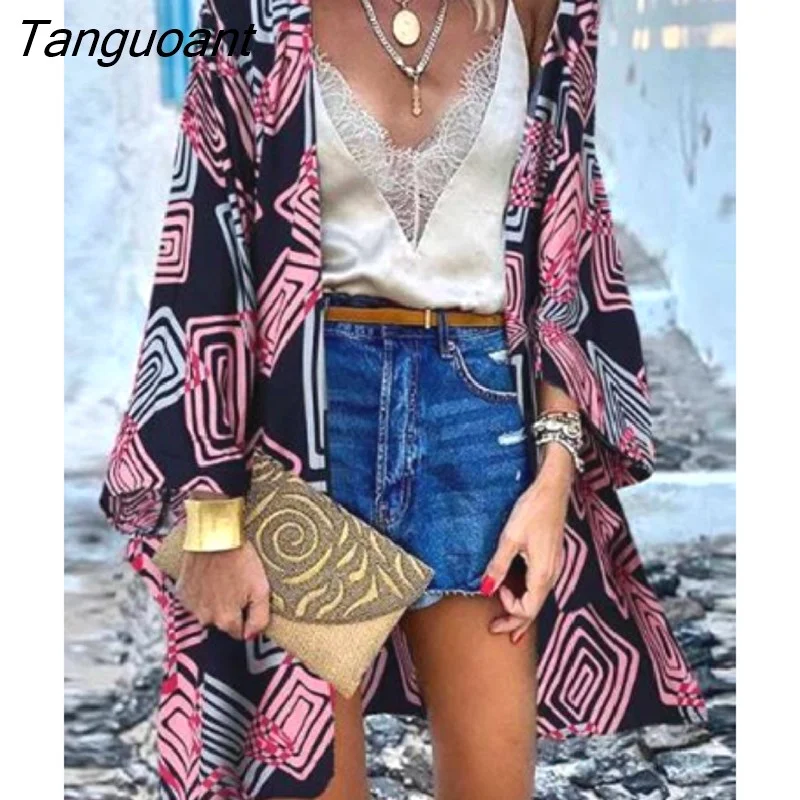 Tanguoant Floral Print Midi Long Kimono Shirt Hippie Women Cardigan Loose Beach Bikini Cover Up Blouse Tops Holiday