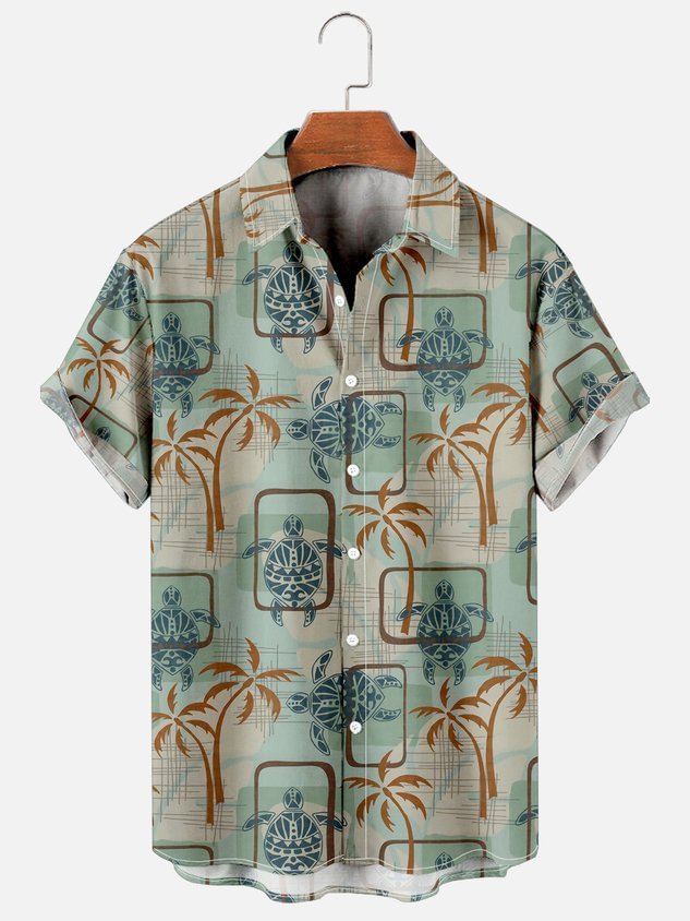 Mens Ocean Turtle Print Retro Breathable Hawaiian Short Sleeve Shirt