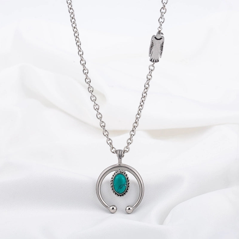 Jewelry Hip-Hop Geometric Circle 304 Stainless Steel Turquoise Turquoise Polishing Inlay Carving Pendant Necklace