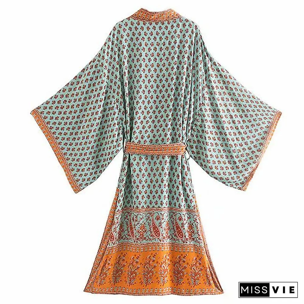 Vintage Cashew Print Robe Long Cardigan Kimono Outerwear