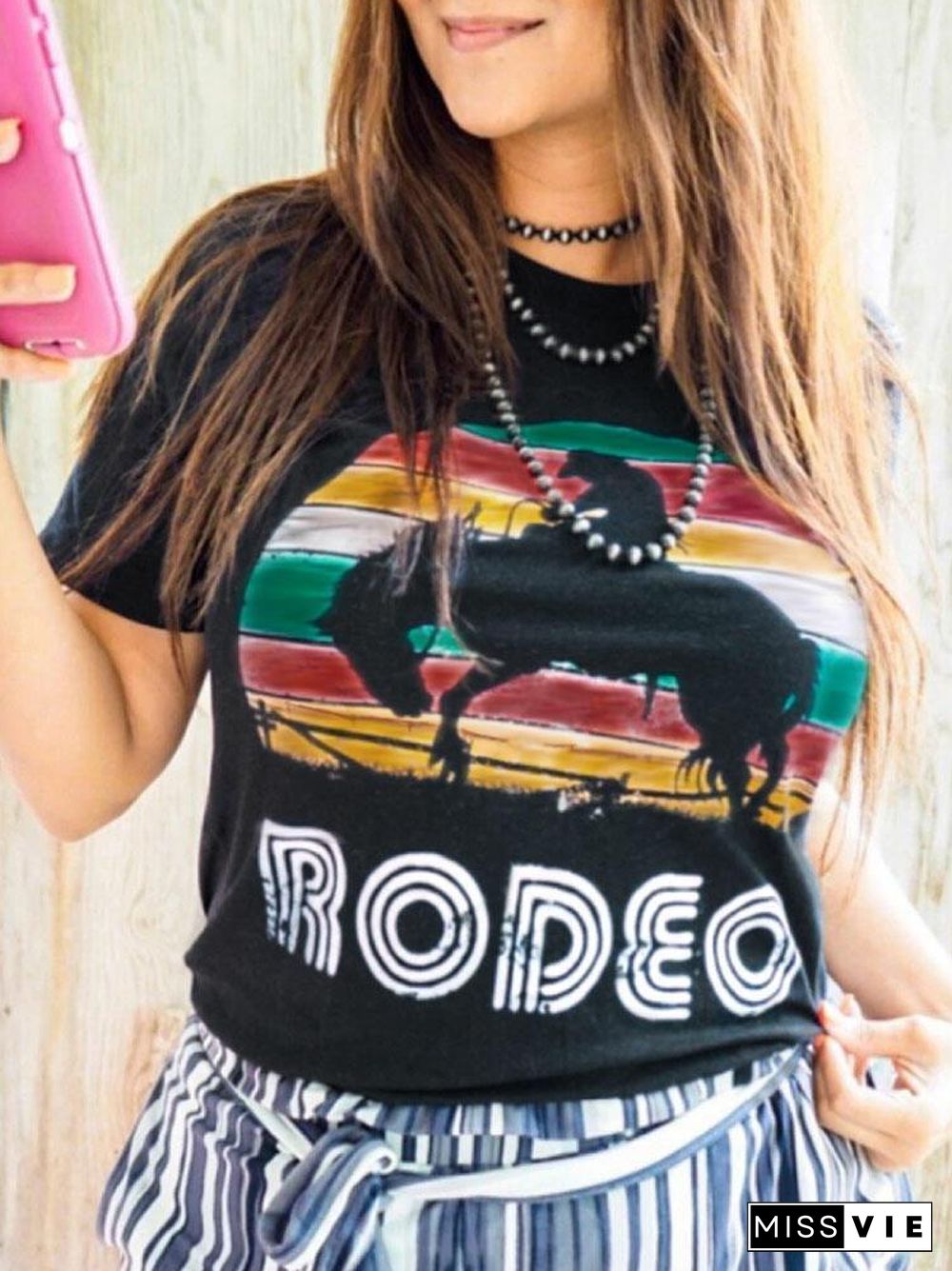 Women Rainbow And Letter Black Pattern T-Shirt