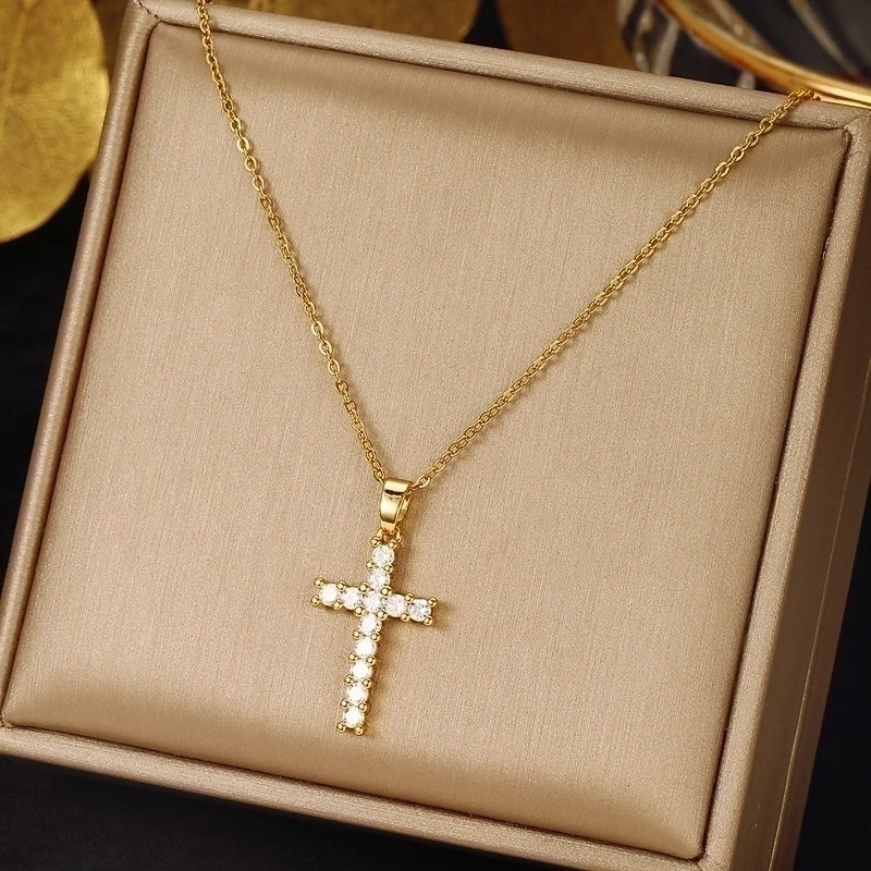 2 Pieces Ethnic Style Cross Stainless Steel Inlay Zircon Pendant Necklace