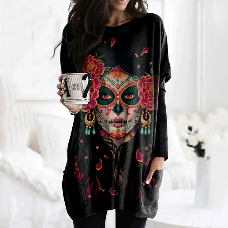 Wearshes Casual Floral Queen Of The Dead Print Tunic