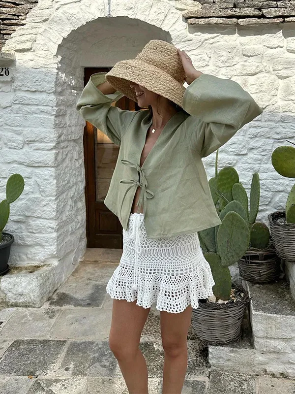 Puffy Sleeve Tie-Waist Women's Shirt