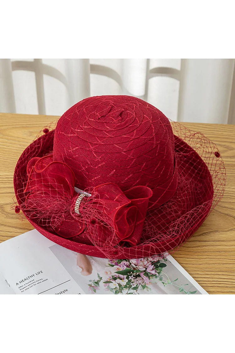 1950s Red Party Mesh Floral Veil Wide Eaves Curled Hats