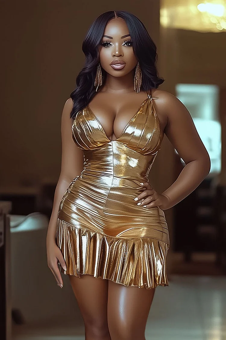 V Neck Quilted Hem Slim-Fit Metallic Party Mini Dresses-Gold