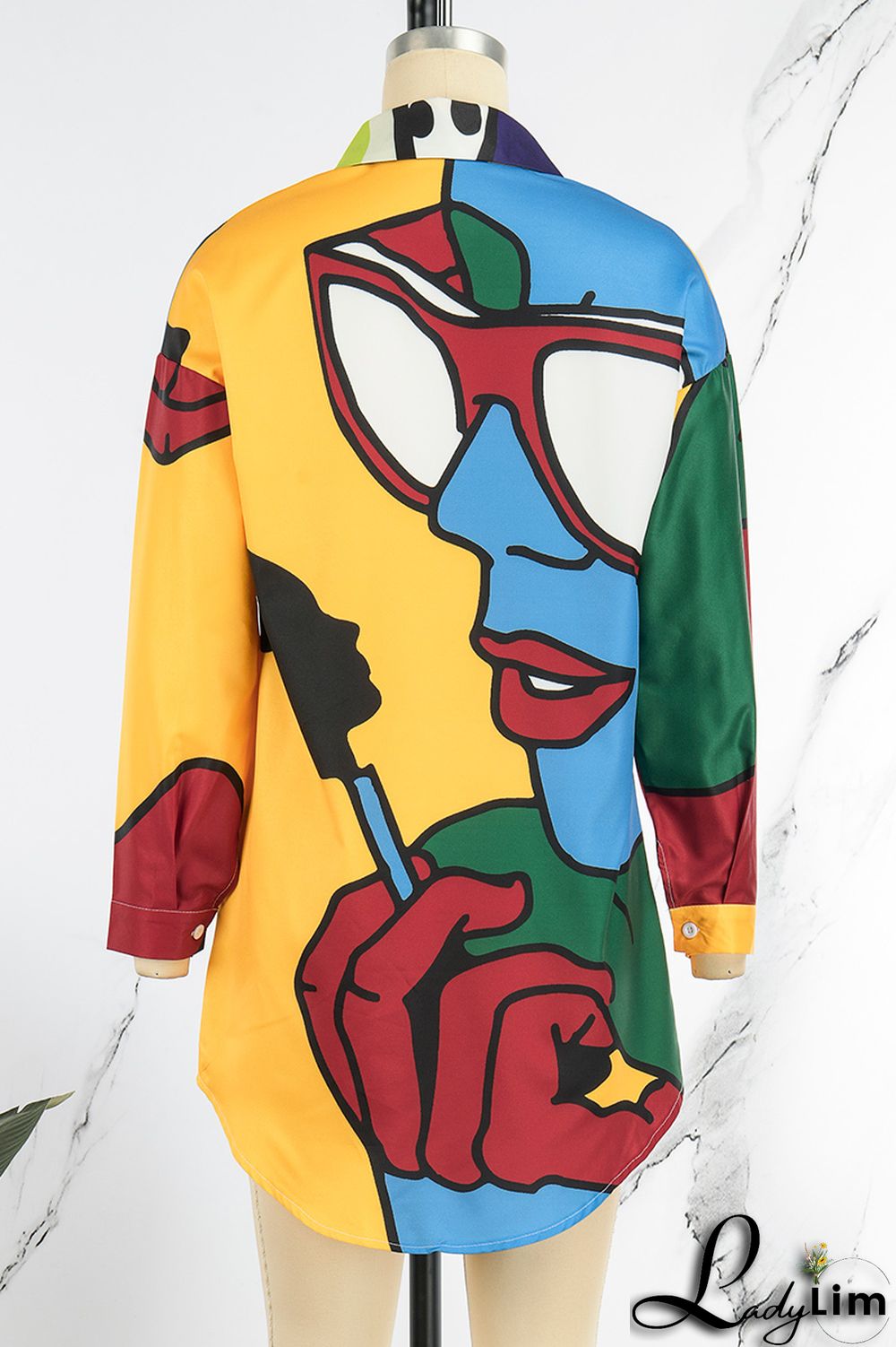 Purple Green Casual Street Print Patchwork Buckle Turndown Collar Tops