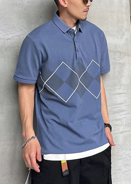 VCSHOES Loose Blue Peter Pan Collar Print Cotton Mens Polo Shirts Summer