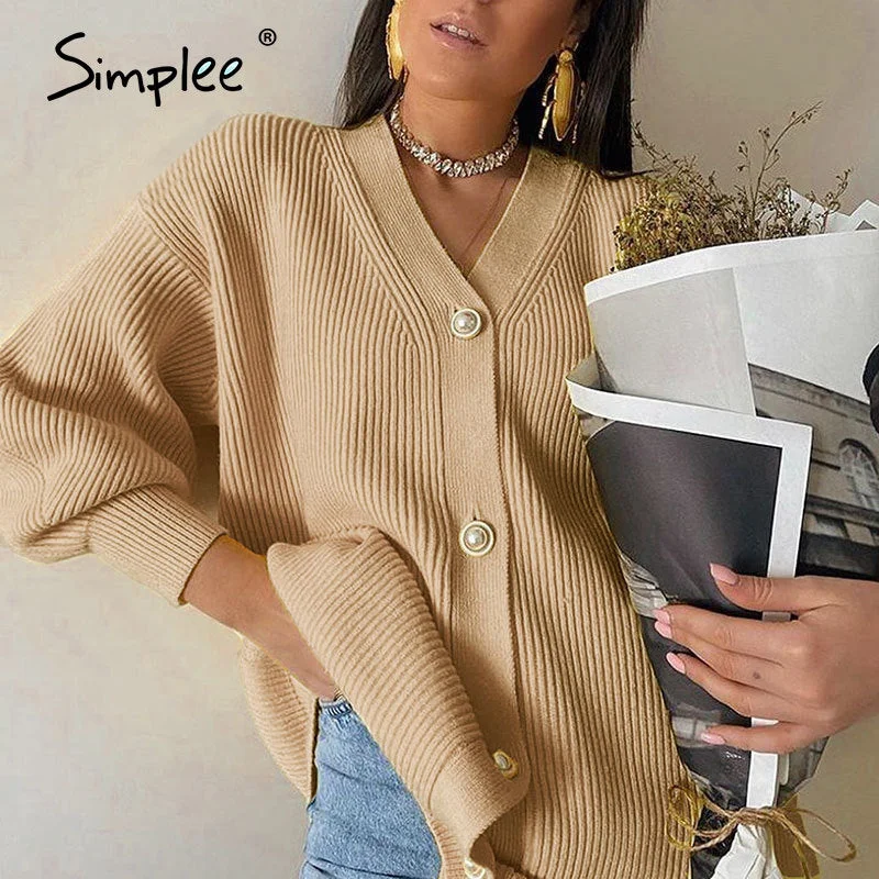 Simplee Casual long knitted cardigan female autumn winter Loose lantern sleeve sweater cardigan Basic white button women's tops