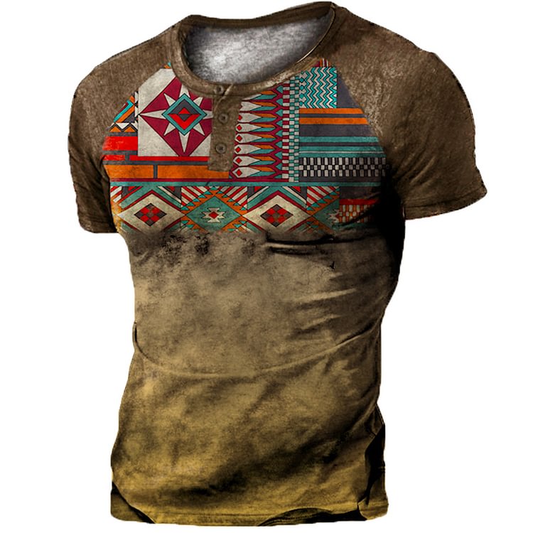 Men's Vintage Ethnic Print Raglan Sleeve Henley Collar T-Shirt
