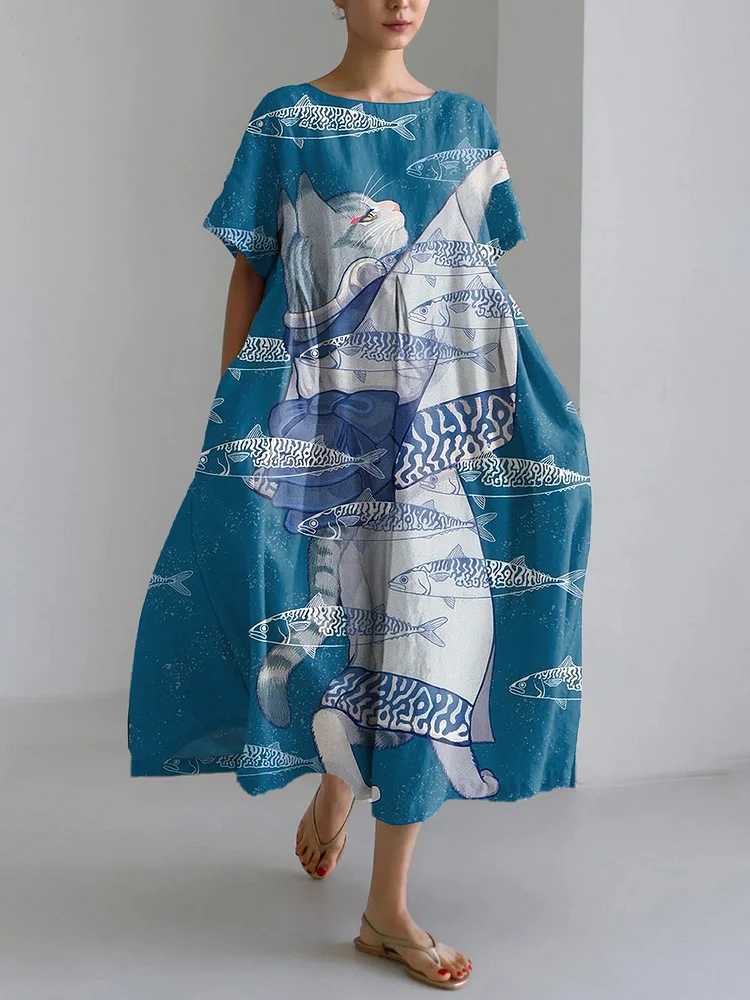 Vintage Kimono Cat Pattern Linen Blend Maxi Dress