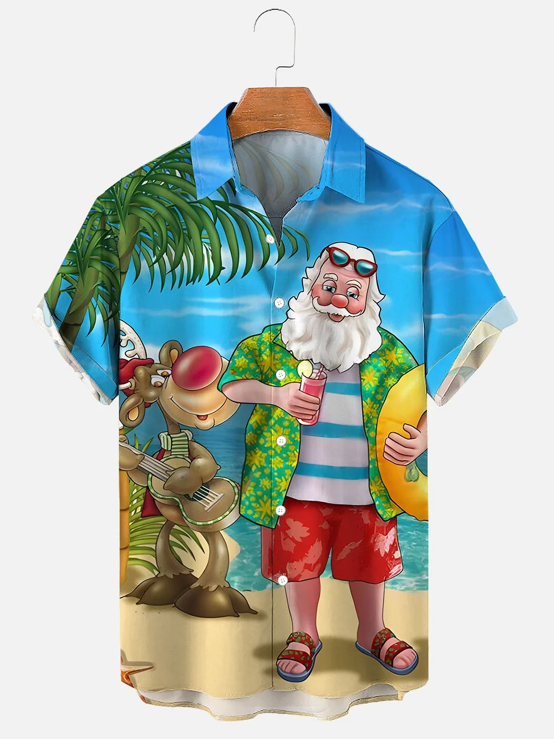 Men's Christmas Santa Elk Hawaii Surfing Print Casual Shirt