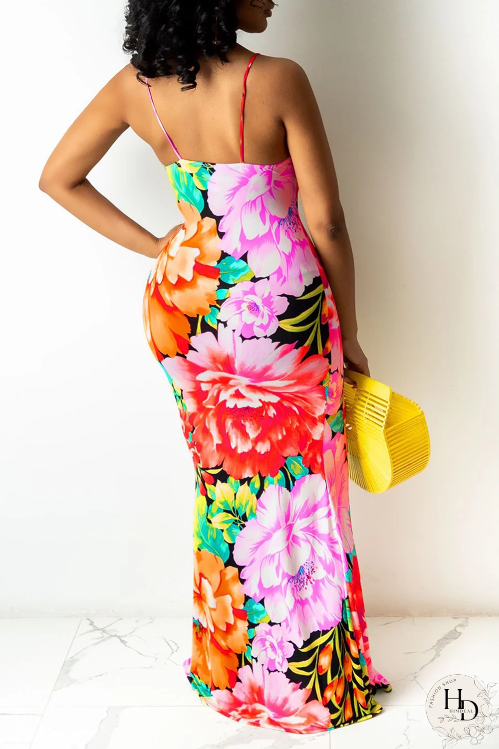 Yellow Sexy Patchwork Split Joint Spaghetti Strap Pencil Skirt Dresses