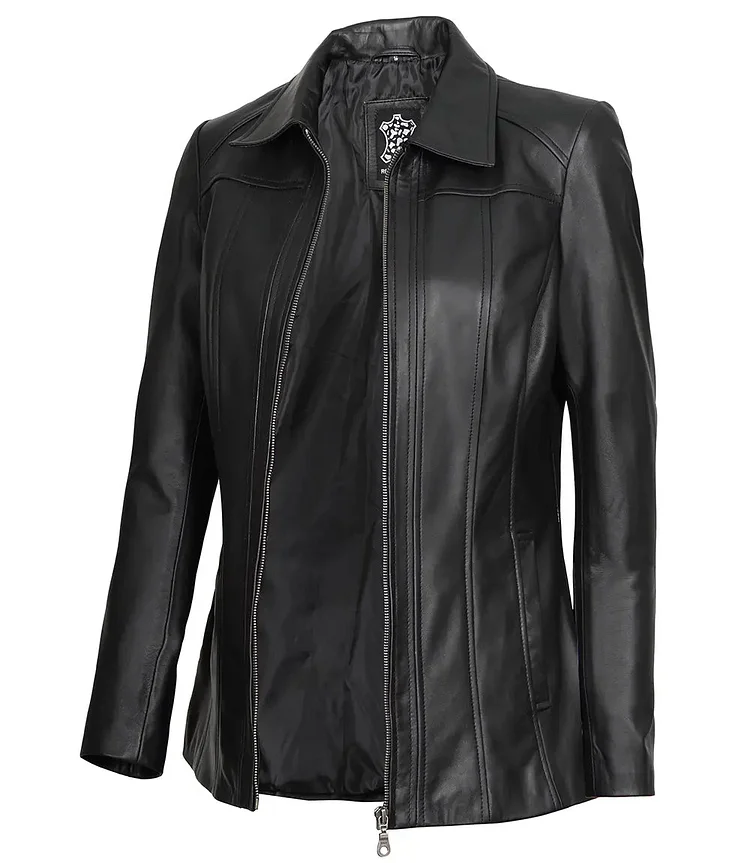 Women's Black 3/4 Length Leather Car Coat QueenFunky