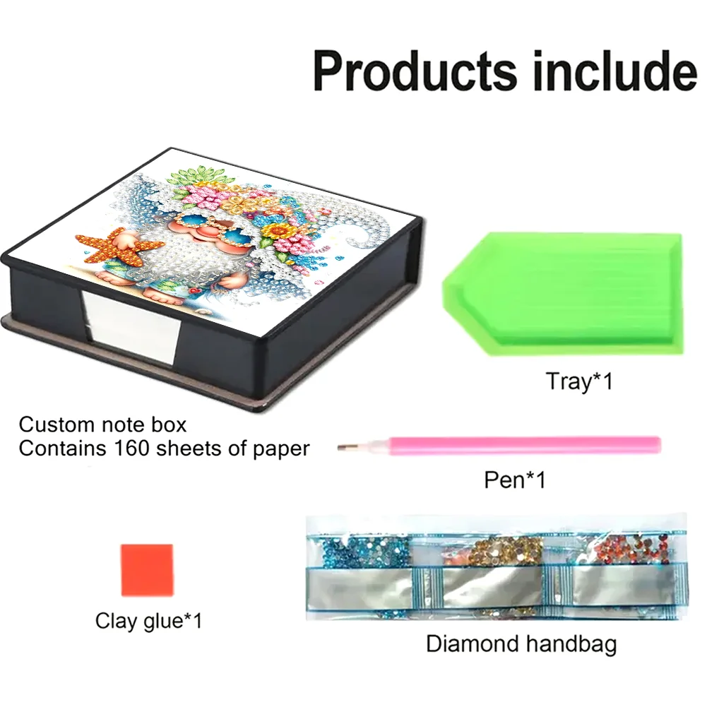 5D DIY PU Diamond Art Note Box with 160 Sheets Paper Memo Pad Holder (Gnome)