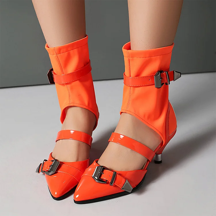 Colorblock Multi Straps Buckles Pointed Toe High Top Sandals Boots