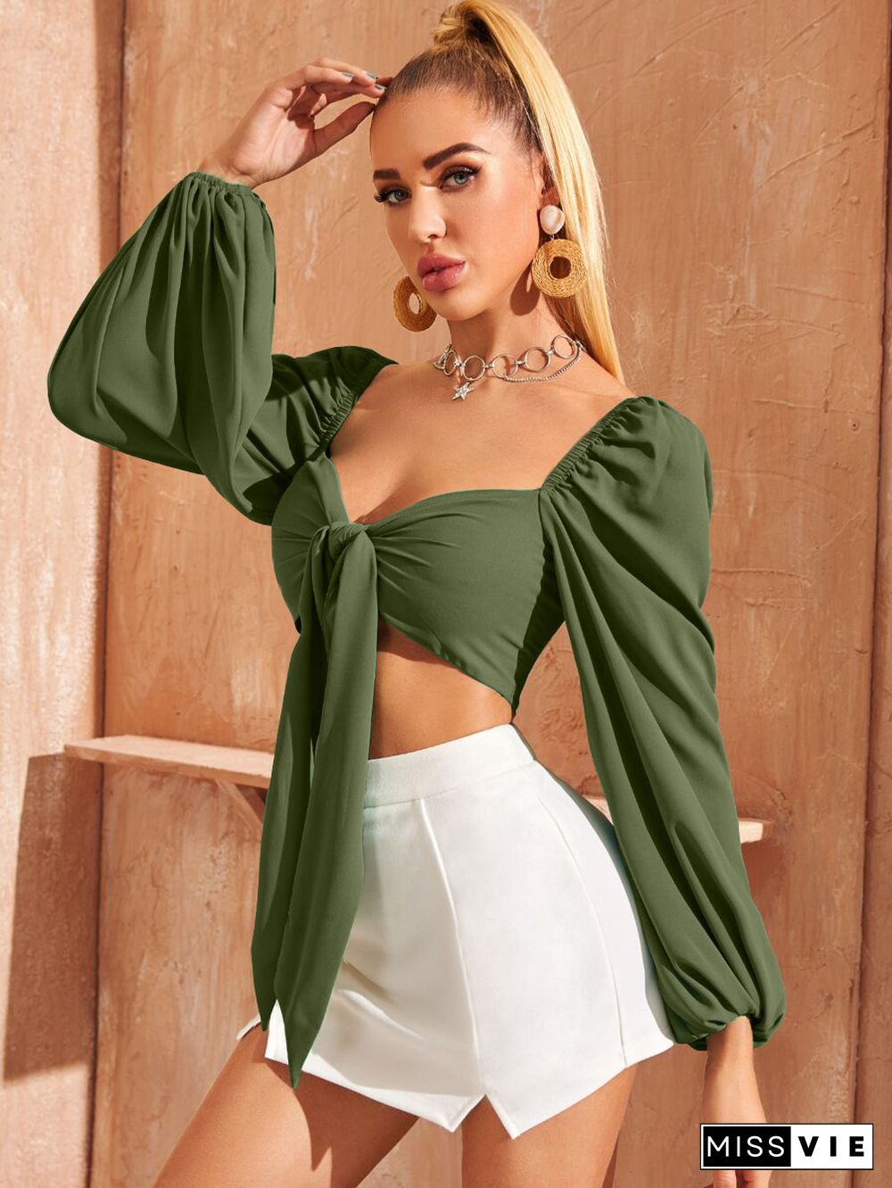 Solid Puff Long Sleeve Lace Up Shirts Crop Tops