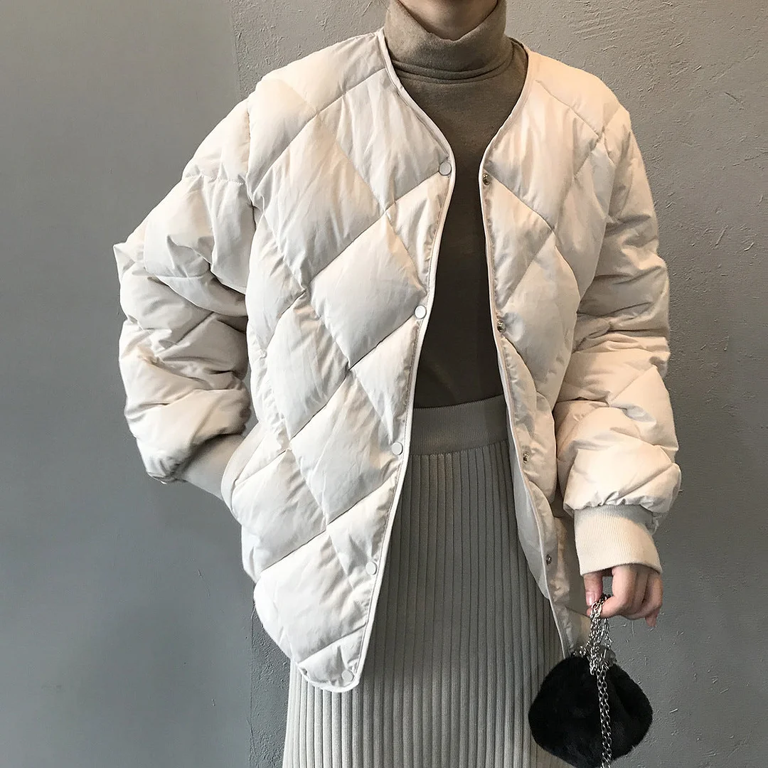 Women Long Sleeve V-neck Solid Color Puffer Coats