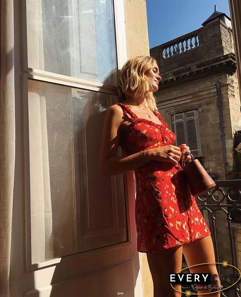 Casual Corset Red Fleur Floral Ruffle Strap Button Up Floral Dress