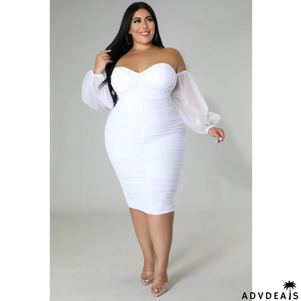 Plus Size Women Mesh Pleated Long Sleeve Dress