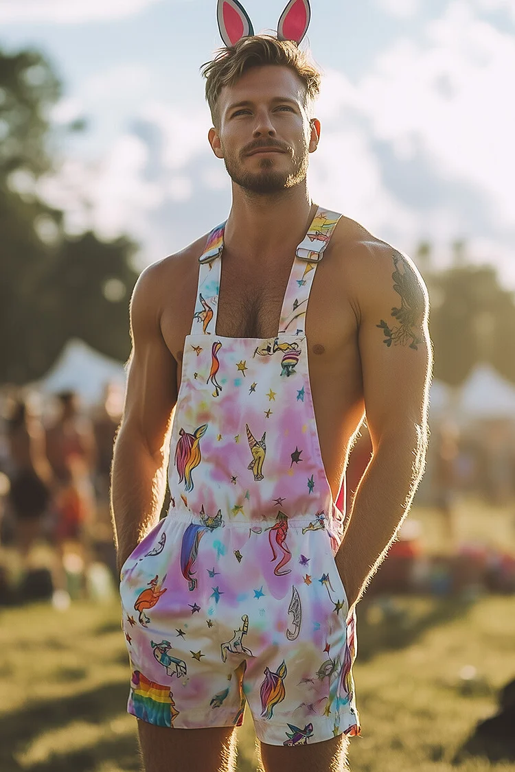 Men's Chaos Doodle Pattern Tie Dye Print Festival Shorts Overalls 